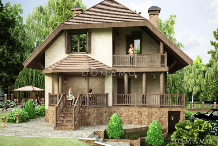 Проект дома на рельефе в стиле фахверк с гаражом в подвале