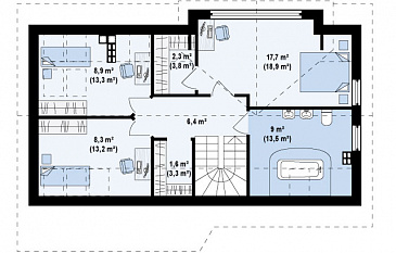 Проект увеличенного одноэтажного мансардного дома из кирпича с гаражом и большим фронтонным окном / План мансардного этажа