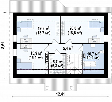 Проект мансардного дома из кирпича с острой крышей, с тремя спальнями и небольшой крытой террасой / План мансардного этажа