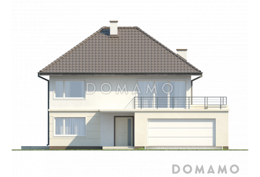 Проект современного просторного двухэтажного дома из кирпича с гаражом и террасой над ним / Фасад 1