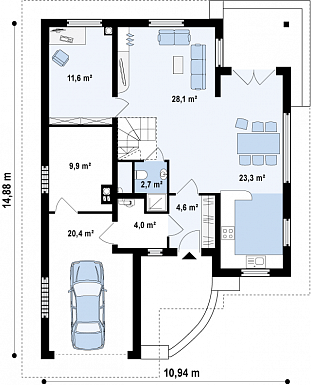 Проект мансардного дома из газобетона с кабинетом, гаражом и техническим помещением / План 1 этажа