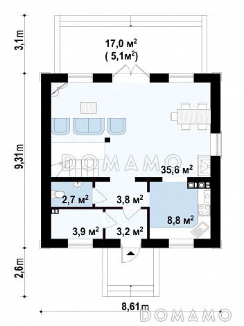 Проект одноэтажного дома из газобетона с мансардой и просторной гостиной / План 1 этажа