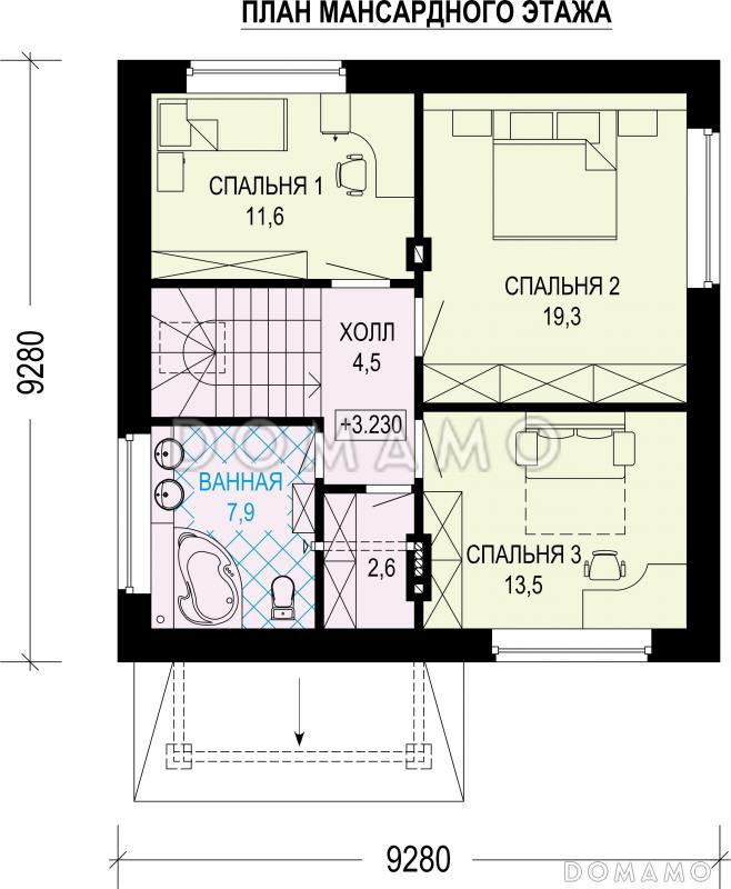 Проект загородного дома с шатровой крышей и цокольным этажом / План мансардного этажа