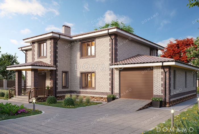 Проект дома с просторной верандой и гаражом