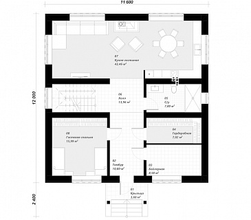 Проект двухэтажного дома с 4 спальнями и просторной ванной комнатой / План 1 этажа