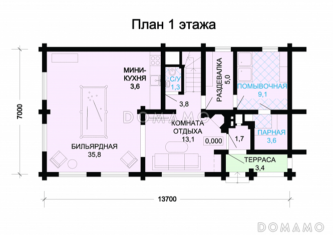 Проект деревянного дома с мини-кухней / План 1 этажа