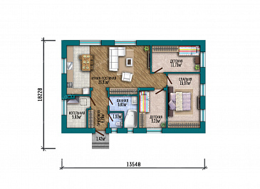 Проект простого дома с тремя спальнями, котельной и кухней-гостиной / План 1 этажа
