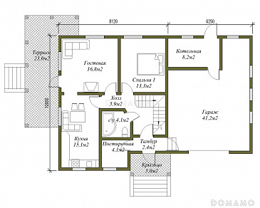 Проект двухэтажного коттеджа с большим гаражом / План 1 этажа