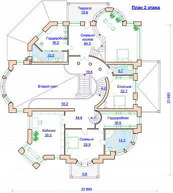 Проект романтичного коттеджа с гаражом и башенкой / План 2 этажа
