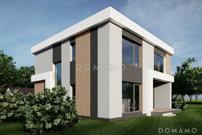 Проект двухэтажного дома с панорамными окнами, кабинетом, 3 спальнями, кухней-гостиной