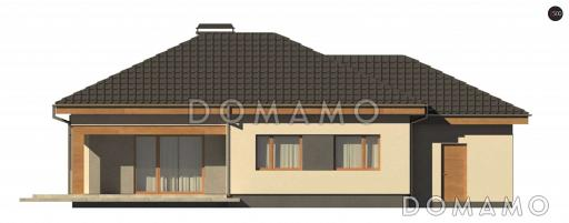 Проект одноэтажного дома из кирпича с тремя спальнями и небольшой крытой угловой террасой, увеличенная версия 273 с гаражом / Фасад 1