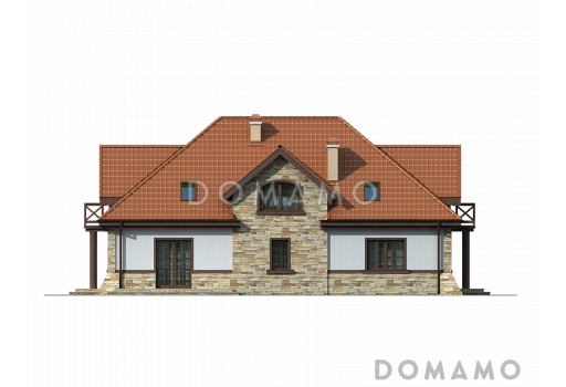 Проект комфортного одноэтажного мансардного дома из газобетона для двух семей в стиле русской усадьбы / Фасад 2