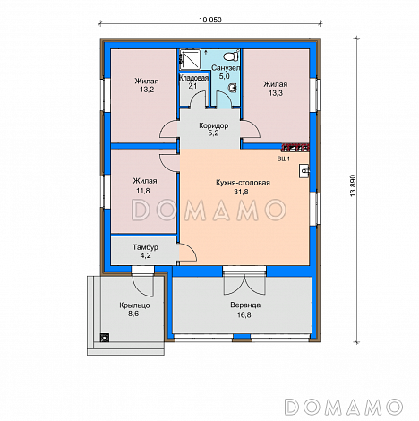 Проект загородного дома с верандой, просторной кухней-столовой, кладовой, жилыми комнатами / План 1 этажа