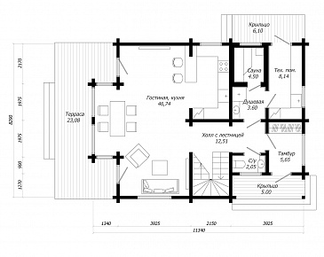 Проект дома из клееного бруса с тремя спальнями на втором этаже / План 1 этажа