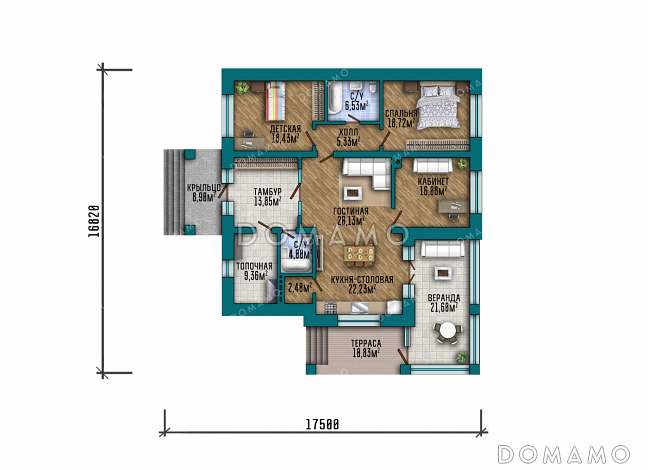 Проект одноэтажного дома с большим тамбуром, тремя комнатами, верандой и террасой / План 1 этажа