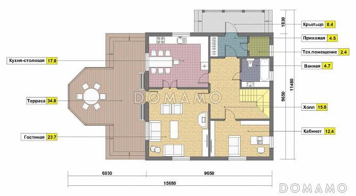 Проект каркасного дома с большой открытой террасой / План 1 этажа