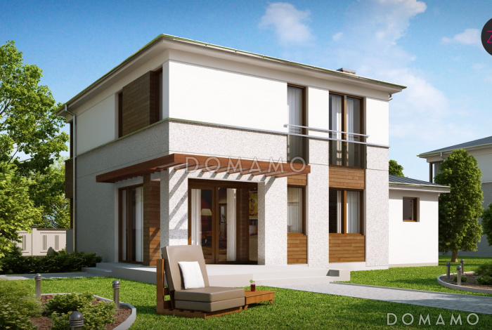 Проект современного двухэтажного дома из газобетона с тремя спальнями и пристроенным гаражом