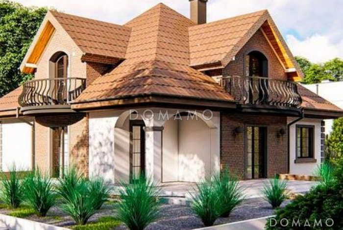 Проект дома с подвалом, просторной гостиной и кухней, балконами, кабинетом