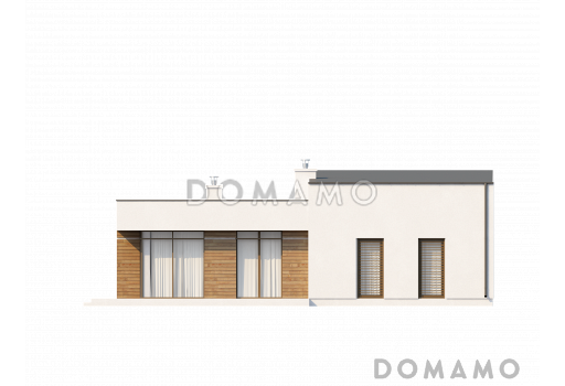Проект современного одноэтажного дома с плоской крышей из кирпича с тремя спальнями и панорамным остеклением гостиной / Фасад 3