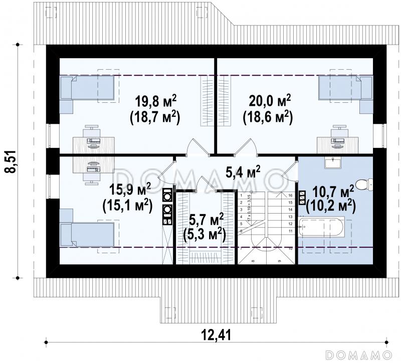 Проект мансардного дома из газобетона с острой крышей, с тремя спальнями и небольшой крытой террасой / План мансардного этажа