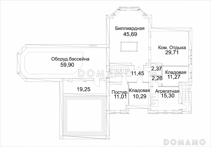 Проект дома из кирпича с бассейном и сауной на первом этаже / План цокольного этажа
