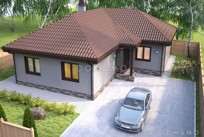 Проект компактного одноэтажного дома по технологии ЛСТК с тремя спальнями и большой кухней-столовой-гостиной