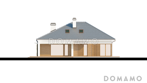 Проект одноэтажного дома из газобетона со свободной планировкой на мансардном этаже и с большим гаражом и техническим помещением / Фасад 3