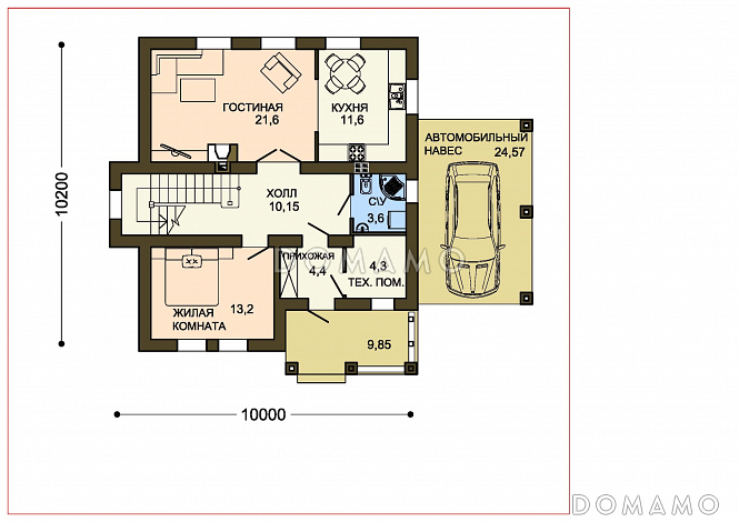 Проект двухэтажного коттеджа с облицовкой клинкером и с навесом для автомашины / План 1 этажа