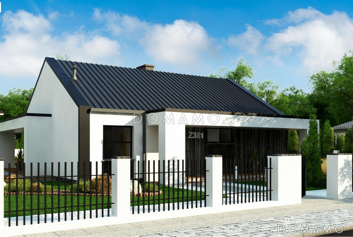 Проект современного компактного одноэтажного дома из газобетона с тремя спальнями