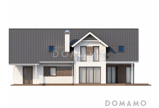 Проект одноэтажного мансардного дома из кирпича со встроенным гаражом и угловой террасой / Фасад 4