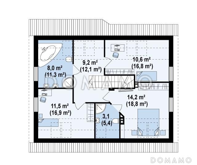 Проект одноэтажного мансардного дома из газобетона с тремя комнатами и кабинетом / План мансардного этажа
