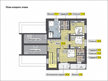 Проект дома с крытой террасой, гостиной с камином, большой кладовой, спальней на первом этаже, вторым светом, остекленной лоджией и балконом / План мансардного этажа
