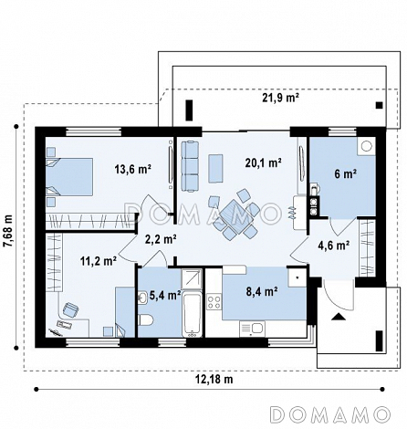 Проект небольшого одноэтажного дома из газобетона с отделённой спальной зоной / План 1 этажа