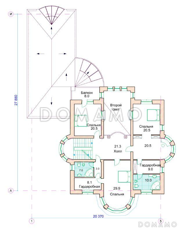 Проект коттеджа с двусветной гостиной, бассейном и зимним садом / План 2 этажа