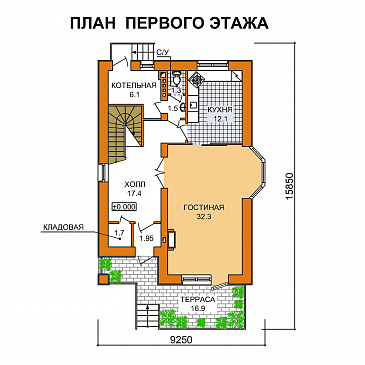 Проект кирпичного дома с мансардным этажом и эркером / План 1 этажа