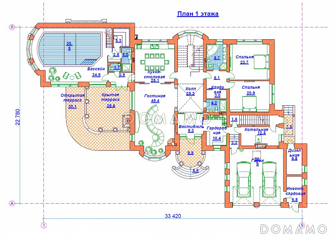 Проект кирпичного дома с бассейном / План 1 этажа