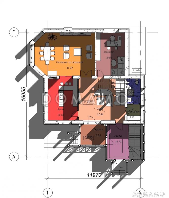 Проект двухэтажного дома с эркером и зимним садом, бильярдной и тренажерным залом на цокольном этаже / План 1 этажа