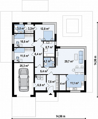 Проект комфортного одноэтажного дома из газобетона с гаражом и панорамным остеклением гостиной / План 1 этажа