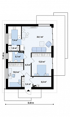 Проект компактного одноэтажного дома из кирпича с двумя спальнями, изолированной кухней и торцевым входом / План 1 этажа