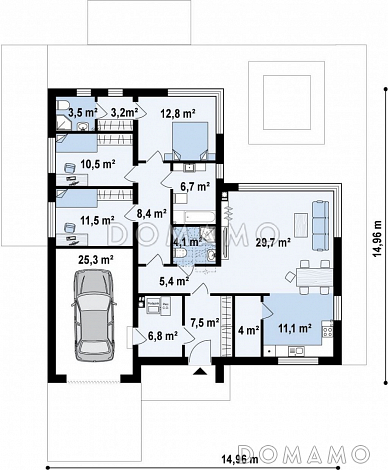 Проект комфортного одноэтажного дома из газобетона с гаражом и панорамным остеклением гостиной / План 1 этажа