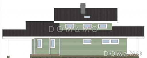 Проект каркасного дома с навесом для одной машины и двумя спальнями на мансардном этаже / Фасад 2