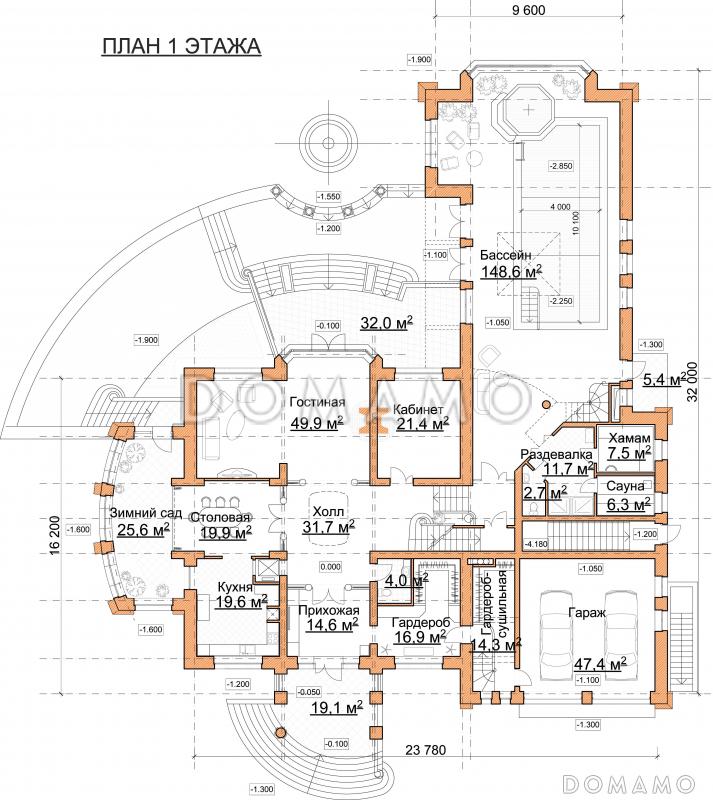 Проект роскошного особняка из кирпича с бассейном на первом этаже / План 1 этажа