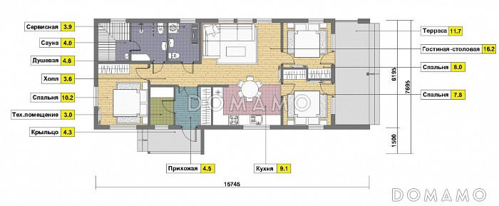 Проект одноэтажного каркасного дома с тремя спальнями, сауной и крытой террасой / План 1 этажа