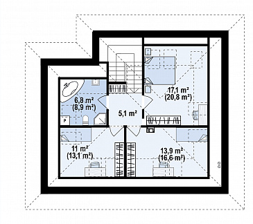 Проект загородного дома с мансардой, гаражом, просторной гостиной с камином, тремя спальнями на мансарде / План мансардного этажа