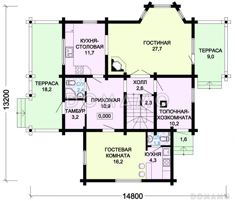 Проект деревянного дома из оцилиндрованного бревна / План 1 этажа