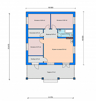 Проект дома из газобетона с террасой, кухней-столовой, кладовой / План 1 этажа
