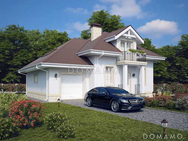 Проект мансардного дома из газобетона с 2 балконами, эркером и гаражом на 1 машину