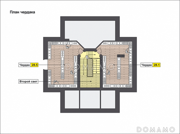 Проект дома с эркером, цокольным этажом с окнами, бассейном и сауной, вторым светом, спальней с балконом / План мансардного этажа