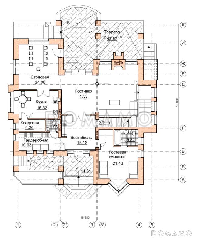 Проект коттеджа в стиле шале с двусветной гостиной / План 1 этажа