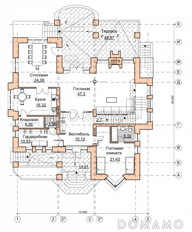 Проект коттеджа в стиле шале с двусветной гостиной / План 1 этажа